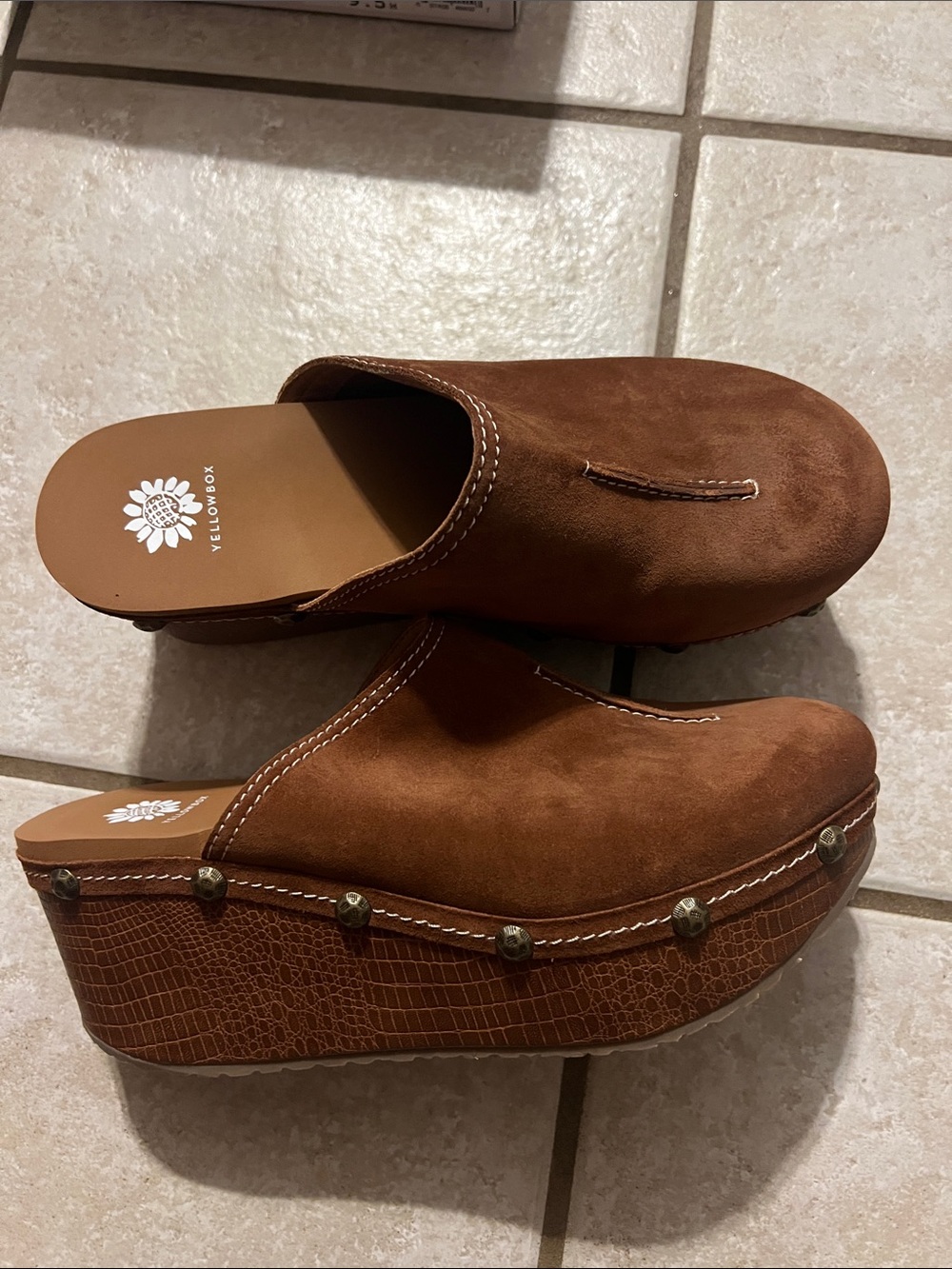 Yellow Box Brown Suede Studded Platform Mules